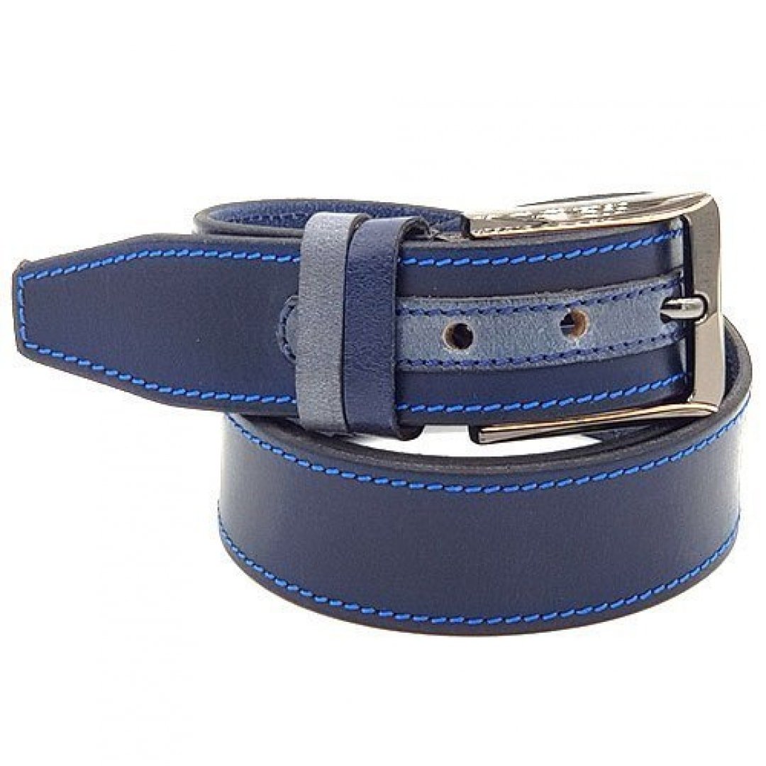 Navy Blue Leather Belt Border Blue Stitches - Bornleather
