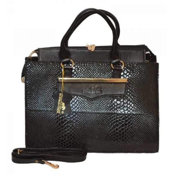 Linda Crocodile Embossed Leather Tote Bag -Black